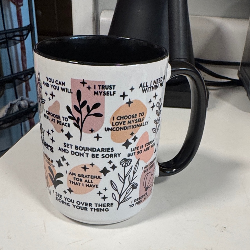 Pink and Black Ceramic Mug with Positive Affirmations